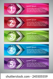 Set of Colorful Modern Information Text Box and Number with Arrowhead Design, Glowing Globe on Colorful Backgrounds , For Banner, Website, Brochure, Vector Illustration