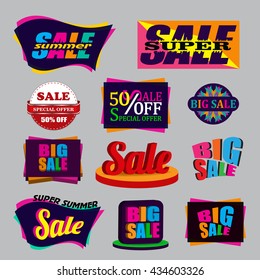 Set of colorful modern sale banners, discount labels, icons, stickers and tags. Advertising vector elements of sale sign. Special offer coupon template. Isolated graphic summer season sale price.