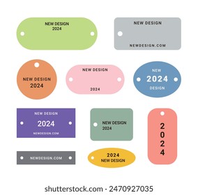 A set of colorful, modern, and simple design tags, labels, and banner illustrations in various shapes. Square, circle, oval, rectangle.