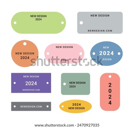 A set of colorful, modern, and simple design tags, labels, and banner illustrations in various shapes. Square, circle, oval, rectangle.