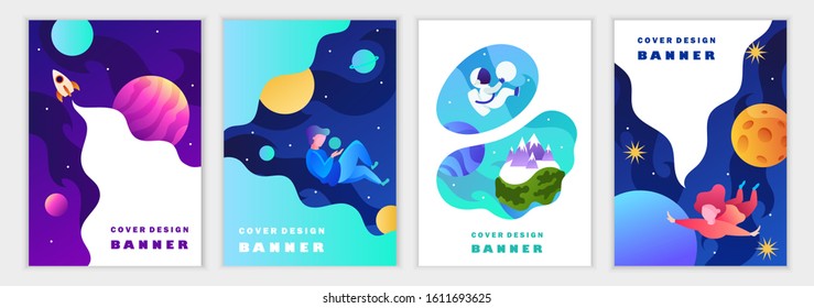 Set of colorful modern space templates for banners, posters, flyers, covers, cards. Astronaut, planets, galaxy, people. Vector cartoon illustration.