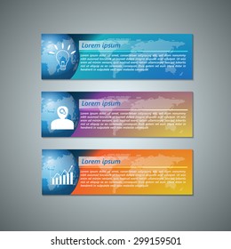 Set of Colorful Modern Text Box With Business Icon and Globe Dotted Background Design, For Banner, Website, Brochure, Business Infographics, Vector Illustration