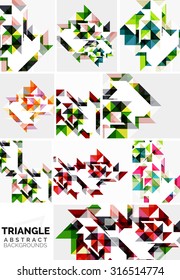 Set of colorful modern triangle pattern backgrounds. Colorful geometric shapes with white elements