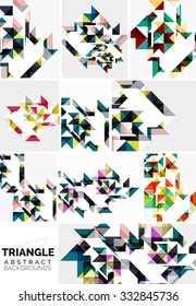 Conjunto de coloridos y modernos fondos de patrón triangular. Formas geométricas coloridas con elementos blancos