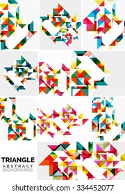 Set of colorful modern triangle pattern backgrounds. Colorful geometric shapes with white elements
