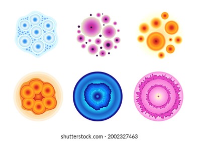 Set Of Colorful Mold Fungi Or Cells In Lab Petri Dish Isolated Bacteria Or Penicillin Under Microscope In Laboratory. Different Germs, Biochemistry Analysis, Medicine Test. Cartoon Vector Illustration