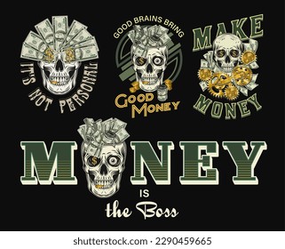 Set of colorful money vintage labels with skull, text. Fantasy, creative, meaningful, fancy concept of illustrations. Black background. For prints, clothing, apparel, tattoo, t shirt, surface design