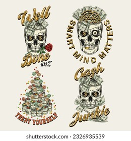 Set of colorful money vintage labels with skull, text. Fantasy, creative, meaningful concept of success, making money. White background. For prints, clothing, apparel, tattoo, t shirt, surface design