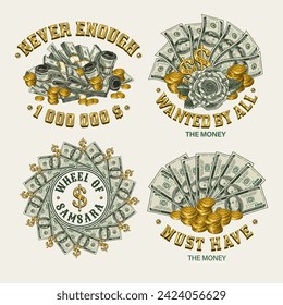 Set of colorful money vintage labels with 100 US dollar notes, golden coins, text. Concept illustrations on white background in vintage style. For prints, clothing, apparel, t shirt design