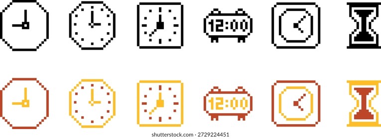 Um conjunto de ícones de relógio e relógio coloridos e monocromáticos em vários estilos, incluindo displays analógicos e digitais, com diferentes formas e contornos, apresentados em um fundo branco limpo