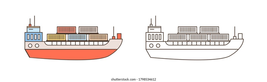 Set of colorful and monochrome cargo ships containerships in line art style. Sea watercrafts of delivery service side view vector illustration. Modern commercial trade goods shipment icons