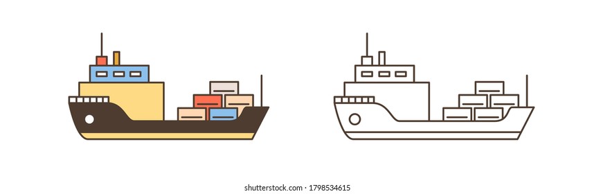 Set of colorful and monochrome cargo ships icon vector illustration in line art style. Vessels for maritime transportation isolated on white. Freight sea watercrafts with goods in containers delivery