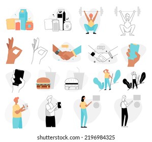 Set of colorful and monochrome compositions people food and trees vector illustration in line art style. Architecture facade with doors, windows and design elements isolated on white
