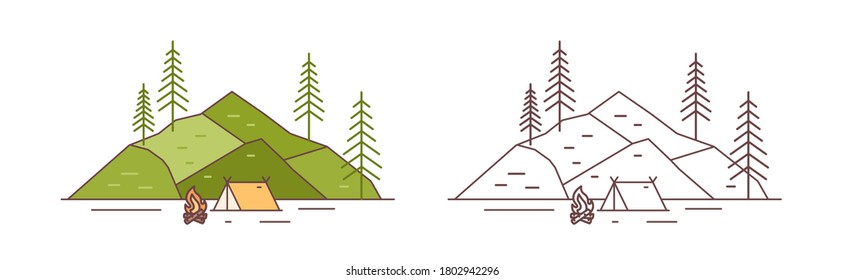 Set of colorful and monochrome touristic camp at mountains landscape vector illustration in line art style. Campground with tent and campfire isolated on white. Forest campsite with natural scenery