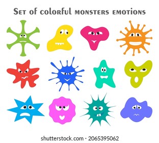 Set of colorful monsters with different emotions. Fantasy cute cartoon characters in flat style. Funny comic emoticons emojis collection for kids. Vector illustration