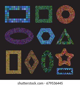 Set of colorful mosaic ceramic tile frames design elements in different forms: square, circle, triangle, oval, rectangle, polyhedron, rhombus, star. Abstract old texture background Vector illustration