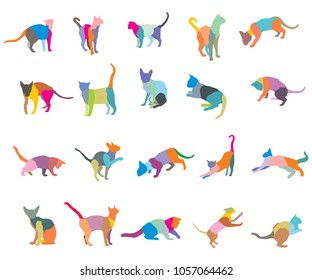 Set of colorful mosaic different breeds cats silhouettes (sitting, standing, lying, playing) isolated on white background. Vector illustration.