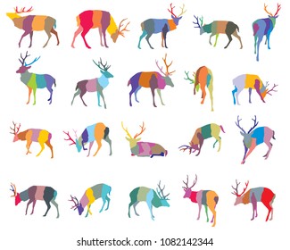 Set of colorful mosaic vector standing and lying Red deer silhouettes (male) isolated on white background