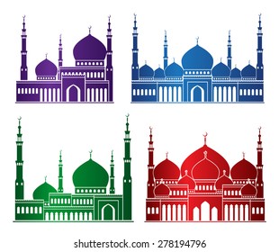 Set of Colorful Mosque or Masjid Elements Isolated for Islamic Celebrations, Ramadan Kareem and Eid Mubarak Background. Editable Vector Illustration.