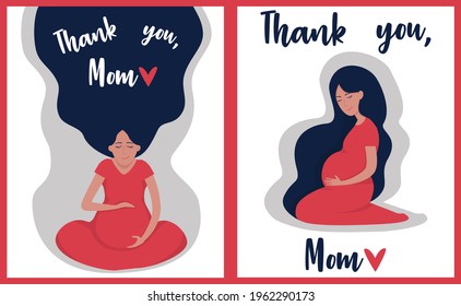A set of colorful Mother's Day cards with the inscription "Thank you, Mom". Flat images of a pregnant expectant mother.