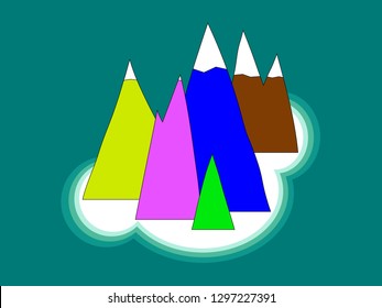Set of colorful mountains on an island in the ocean covered with a snowy hat