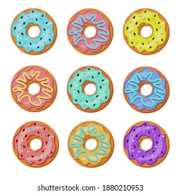 Set of colorful mouthwatering donuts isolated on a white background. Vector illustration in flat style