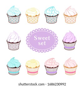 Set of colorful muffins, cupcakes. Vector decorative elements for bakery, cafe, sweet shop, pastry shop, confectionery, packaging, wrapper, menu, signboard, label, emblem, logo, holiday greeting card