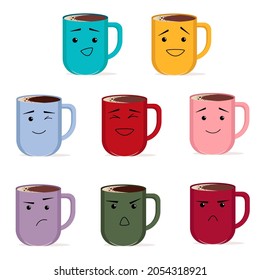 Set of colorful mugs or cups with different emotions. Funny face character on cups with a drink. Vector flat illustration