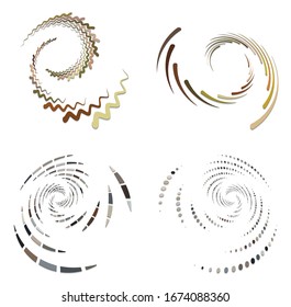 set of colorful, multicolor and monochrome cyclic, cycle concentric rings. revolved spirals, vortexes, swirl, spirals and twirls. abstract circular, radial loop shapes, elements