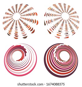 set of colorful, multicolor and monochrome cyclic, cycle concentric rings. revolved spirals, vortexes, swirl, spirals and twirls. abstract circular, radial loop shapes, elements