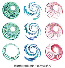 set of colorful, multicolor and monochrome cyclic, cycle concentric rings. revolved spirals, vortexes, swirl, spirals and twirls. abstract circular, radial loop shapes, elements