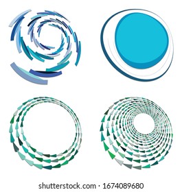 set of colorful, multicolor and monochrome cyclic, cycle concentric rings. revolved spirals, vortexes, swirl, spirals and twirls. abstract circular, radial loop shapes, elements