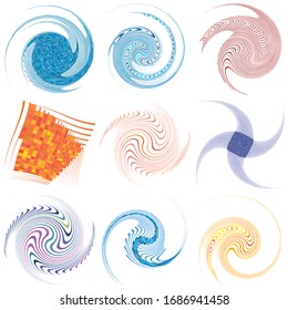 set of colorful, multicolor and monochrome cyclic, cycle concentric rings. revolved spirals, vortexes, swirl, spirals and twirls. abstract circular, radial loop shapes, elements