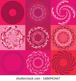 set of colorful, multicolor and monochrome cyclic, cycle concentric rings. revolved spirals, vortexes, whorls. abstract circular, radial loop shapes, elements over colored backdrop, background