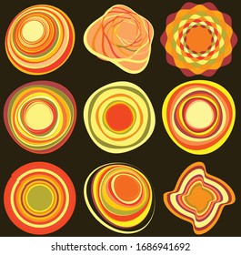 conjunto de anillos cíclicos, cíclicos, cíclicos y cíclicos, multicolores y monocromos. espirales giratorias, vortexes, remolinos, espirales y torres. formas circulares abstractas, de bucle radial, elementos