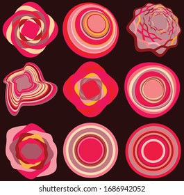 set of colorful, multicolor and monochrome cyclic, cycle concentric rings. revolved spirals, vortexes, swirl, spirals and twirls. abstract circular, radial loop shapes, elements