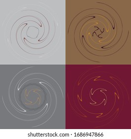 Reihe von farbigen, mehrfarbigen und monochromen zyklischen, Zyklus konzentrische Ringe. Spiralen, Vortexe, Kreide. abstrakte runde, radiale Schleifenformen, Elemente auf buntem Hintergrund, Hintergrund