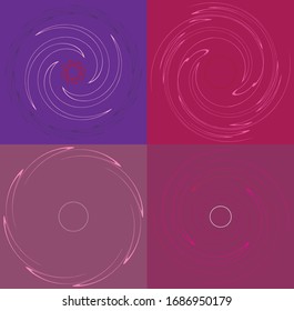 set of colorful, multicolor and monochrome cyclic, cycle concentric rings. revolved spirals, vortexes, whorls. abstract circular, radial loop shapes, elements over colored backdrop, background