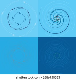 set of colorful, multicolor and monochrome cyclic, cycle concentric rings. revolved spirals, vortexes, whorls. abstract circular, radial loop shapes, elements over colored backdrop, background