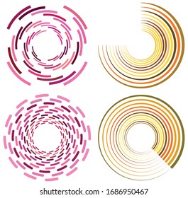 set of colorful, multicolor and monochrome cyclic, cycle concentric rings. revolved spirals, vortexes, swirl, spirals and twirls. abstract circular, radial loop shapes, elements