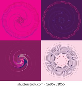 set of colorful, multicolor and monochrome cyclic, cycle concentric rings. revolved spirals, vortexes, whorls. abstract circular, radial loop shapes, elements over colored backdrop, background