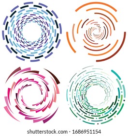 set of colorful, multicolor and monochrome cyclic, cycle concentric rings. revolved spirals, vortexes, swirl, spirals and twirls. abstract circular, radial loop shapes, elements