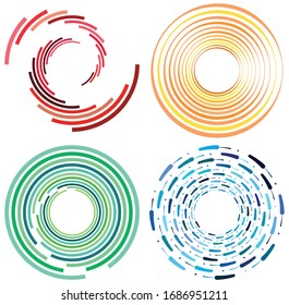 set of colorful, multicolor and monochrome cyclic, cycle concentric rings. revolved spirals, vortexes, swirl, spirals and twirls. abstract circular, radial loop shapes, elements
