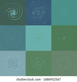 set of colorful, multicolor and monochrome cyclic, cycle concentric rings. revolved spirals, vortexes, whorls. abstract circular, radial loop shapes, elements over colored backdrop, background
