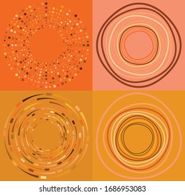 set of colorful, multicolor and monochrome cyclic, cycle concentric rings. revolved spirals, vortexes, whorls. abstract circular, radial loop shapes, elements over colored backdrop, background
