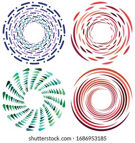 set of colorful, multicolor and monochrome cyclic, cycle concentric rings. revolved spirals, vortexes, swirl, spirals and twirls. abstract circular, radial loop shapes, elements