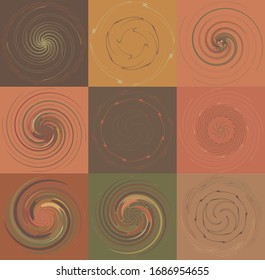 set of colorful, multicolor and monochrome cyclic, cycle concentric rings. revolved spirals, vortexes, whorls. abstract circular, radial loop shapes, elements over colored backdrop, background