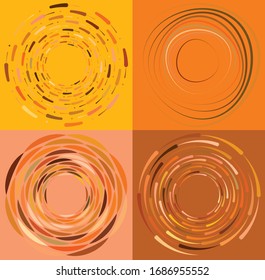 set of colorful, multicolor and monochrome cyclic, cycle concentric rings. revolved spirals, vortexes, whorls. abstract circular, radial loop shapes, elements over colored backdrop, background