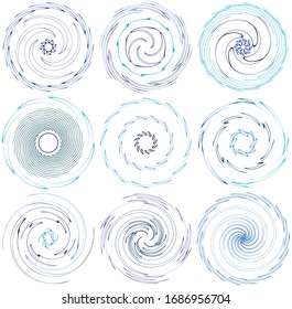 set of colorful, multicolor and monochrome cyclic, cycle concentric rings. revolved spirals, vortexes, swirl, spirals and twirls. abstract circular, radial loop shapes, elements