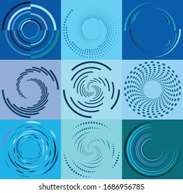 set of colorful, multicolor and monochrome cyclic, cycle concentric rings. revolved spirals, vortexes, whorls. abstract circular, radial loop shapes, elements over colored backdrop, background